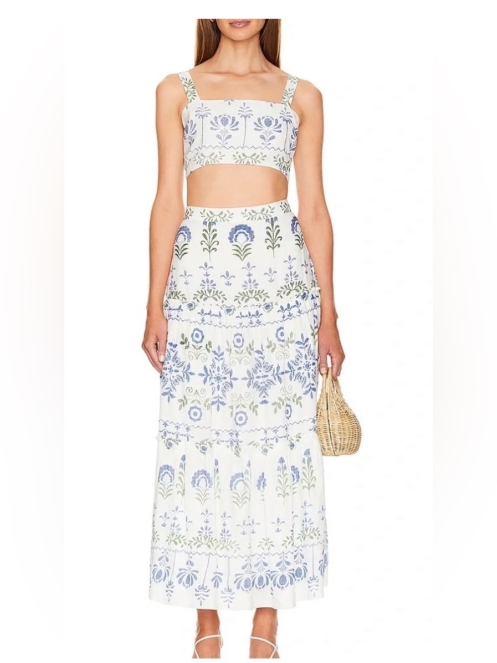 SAYLOR White Two-Piece Floral Print Skirt Set in Blue and Green
